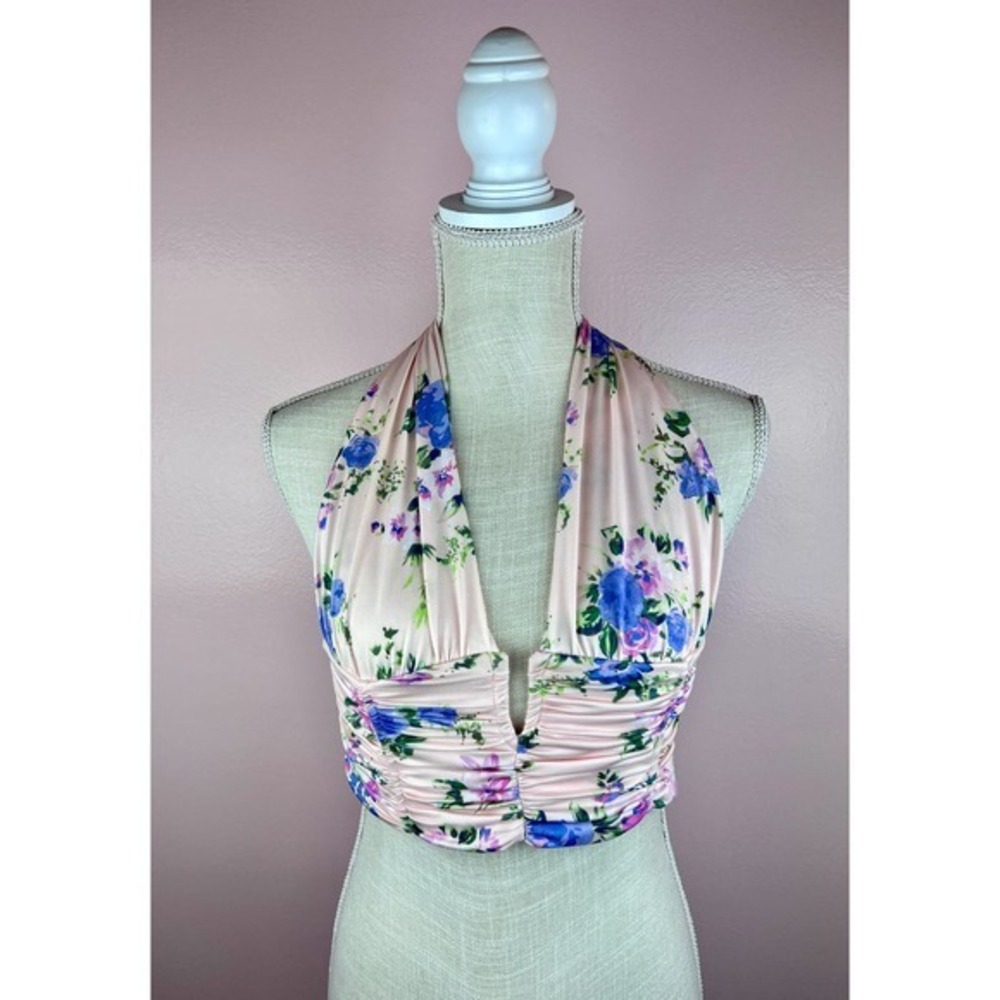 Zara Women's Pink Floral Ruched‎ Halter Crop Tank Size S
